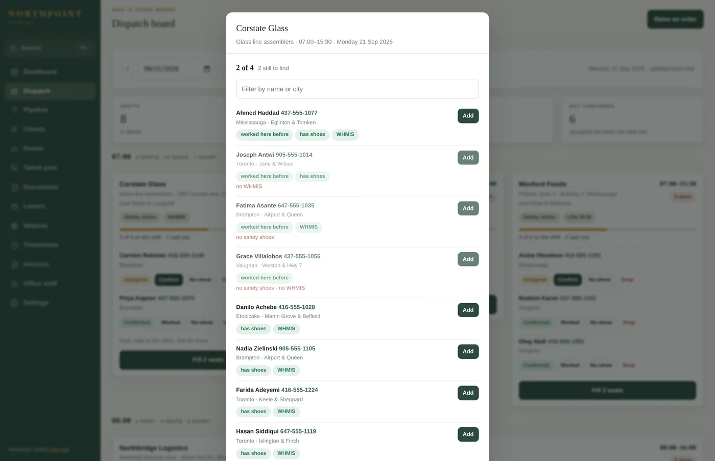 Candidate matching panel: a ranked list of available workers, each with reasons such as worked here before, has shoes and WHMIS, and blockers shown in red.